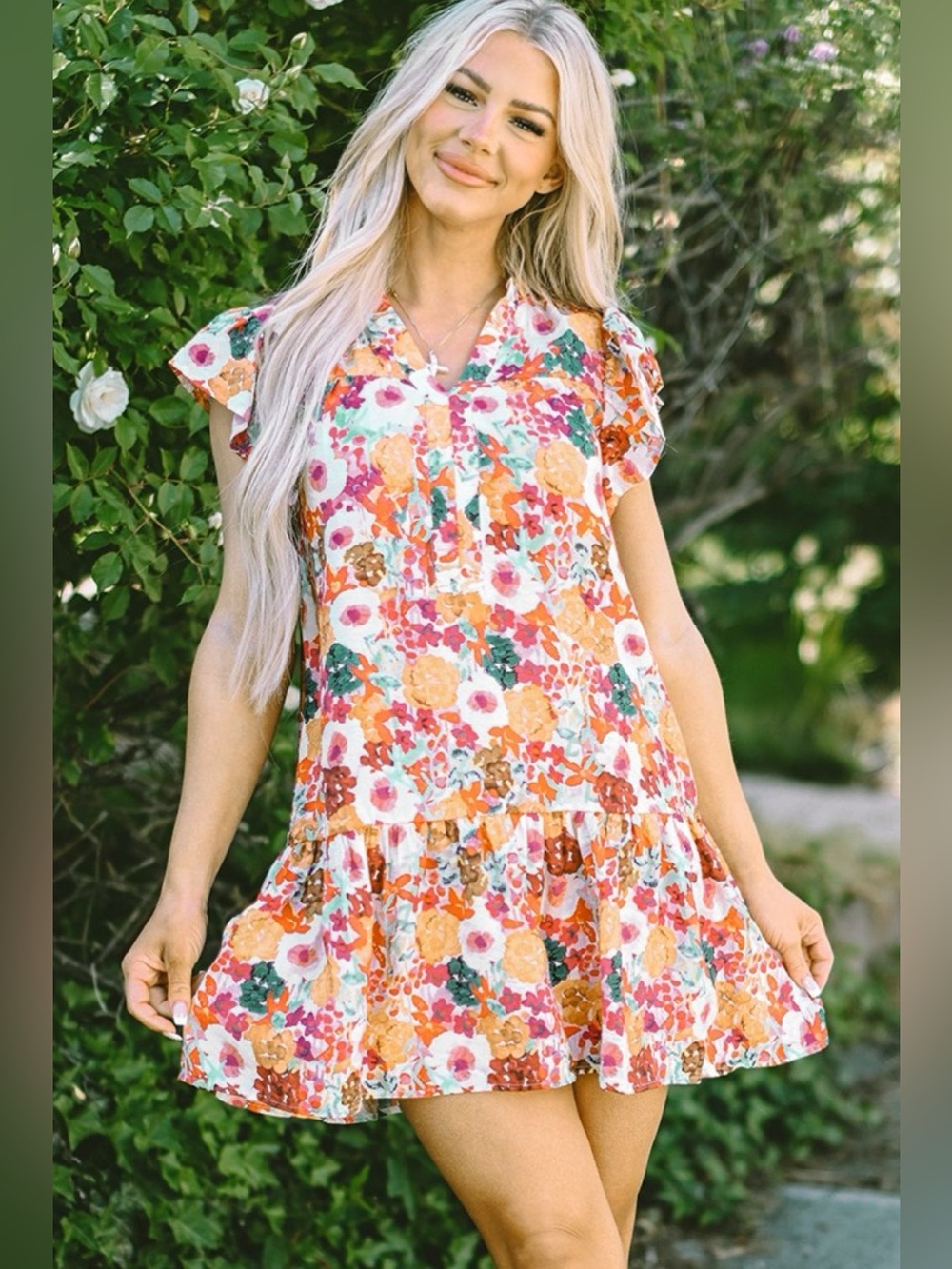 Ruffled Printed Cap Sleeve Mini Dress